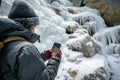 hiker using smartphone gps navigation with icecovered rocks Royalty Free Stock Photo