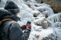 hiker using smartphone gps navigation with icecovered rocks