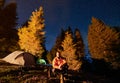 Hiker vacationing on nature in tent camp under starry sky. Royalty Free Stock Photo