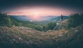 Hiker in a valley. Instagram stylisation Royalty Free Stock Photo