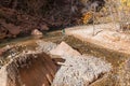 A Hiker Walking Across Rock Stepping Stones in Zion Royalty Free Stock Photo