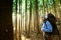 Hiker walking in autumn mountains