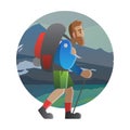Hiker walking through the field. Trekking, hiking, climbing, traveling.