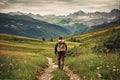 Hiker walking on a green meadow trail against the backdrop of a breathtaking mountain landscape. The image conveys a sense of