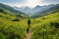 Hiker walking on a green meadow trail against the backdrop of a breathtaking mountain landscape. The image conveys a sense of