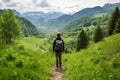 Hiker walking on a green meadow trail against the backdrop of a breathtaking mountain landscape. The image conveys a sense of