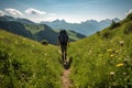 Hiker walking on a green meadow trail against the backdrop of a breathtaking mountain landscape. The image conveys a sense of