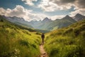 Hiker walking on a green meadow trail against the backdrop of a breathtaking mountain landscape. The image conveys a sense of