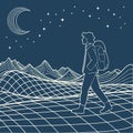 Hiker Walking at Night Under Moon and Stars Illustration Royalty Free Stock Photo