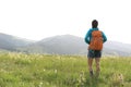 hiker walking on trail in grassland Royalty Free Stock Photo