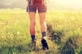 Hiker walking on trail in grassland Royalty Free Stock Photo