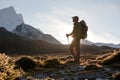 Hiker walking in winter Carpathian mountains