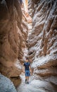 A hiker walks through a slot canyon