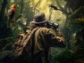 Hiker watching through binoculars wild birds in the Royalty Free Stock Photo