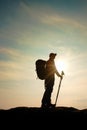 Hiker in windcheater, baseball cap and with trekking poles stand on mountain peak rock. Royalty Free Stock Photo