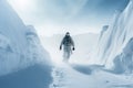 Hiker in winter mountains. Winter landscape with snow, ice and blue sky, Extreme snowboarding on the snow, rear view, no visible Royalty Free Stock Photo