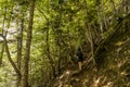 Hiker woman climbing the Hunter`s trail in Ordesa and Monte Perdido National Park