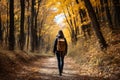 Hiker woman on forest trail in fall nature background, active lifestyle, people hiking in autumn. Royalty Free Stock Photo