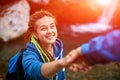 Hiker woman getting help