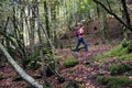 Hiker woman moving fast in autumn forest Royalty Free Stock Photo