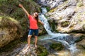 Foelzkogel - Hiker woman next to idyllic river Foelzbach, Hochschwab mountains, Styria, Austria. Hiking trail in alpine forest Royalty Free Stock Photo