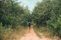 Hiker woman walking on path among trees in summer Royalty Free Stock Photo