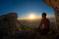 Hiker yogi meditate on beauty mountain landscape background