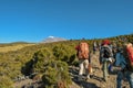 Hikers against a mountain background, Mount Kilimanjaro