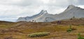 Hikers on the alpine trail in the Canadian Rockies along the Icefields Parkway between Banff and Jasper