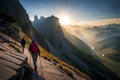 Hikers ascending a steep, rocky incline, with sheer cliffs on one side and a vast valley on the other, shrouded in morning mist Royalty Free Stock Photo