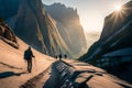 Hikers ascending a steep, rocky incline, with sheer cliffs on one side and a vast valley on the other, shrouded in morning mist