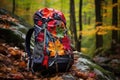 a hikers backpack filled with multicolored leaves, set against a forest backdrop