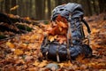 a hikers backpack on the ground, spilling out autumn leaves