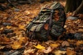 a hikers backpack on the ground, spilling out autumn leaves