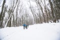 Hikers with backpack hiking on snowy trail. Group of people walking together at winter day Royalty Free Stock Photo