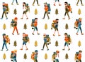 Hikers with backpack seamless pattern