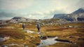 Hikers with backpacks hiking in mountains