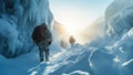 Hikers with backpacks and snowshoes walk along snowy trail