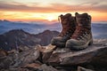 hikers boots resting on a rock at sunset, with a mountain backdrop