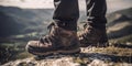 Hikers boots up close with beautiful mountain backdrop. Generative AI