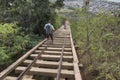Hikers climbing down wooden rail cart bridge of KoKo Crater, Oahu