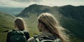 Hikers climbing and hiking through beautiful majestic mountains