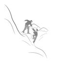 Hikers climbing on rock, mountain, one of them giving hand and helping to climb. Help, support, assistance in a dangerous situatio