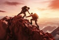 Hikers climbing on rock, mountain at sunset, one of them giving hand and helping to climb. Help, support, assistance in Royalty Free Stock Photo