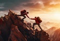 Hikers climbing on rock, mountain at sunset, one of them giving hand and helping to climb. Help, support, assistance in Royalty Free Stock Photo