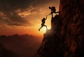 Hikers climbing on rock, mountain at sunset, one of them giving hand and helping to climb. Help, support, assistance in Royalty Free Stock Photo