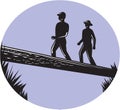 Hikers Crossing Single Log Bridge Oval Woodcut Royalty Free Stock Photo