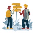 Hikers and direction pointer, man and woman backpacking Royalty Free Stock Photo