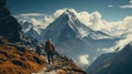 Hikers, equipped and determined, navigate the challenging mountain paths Royalty Free Stock Photo