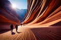 Hikers exploring a colorful slot canyon, with sunlight creating vivid patterns on the narrow walls Royalty Free Stock Photo